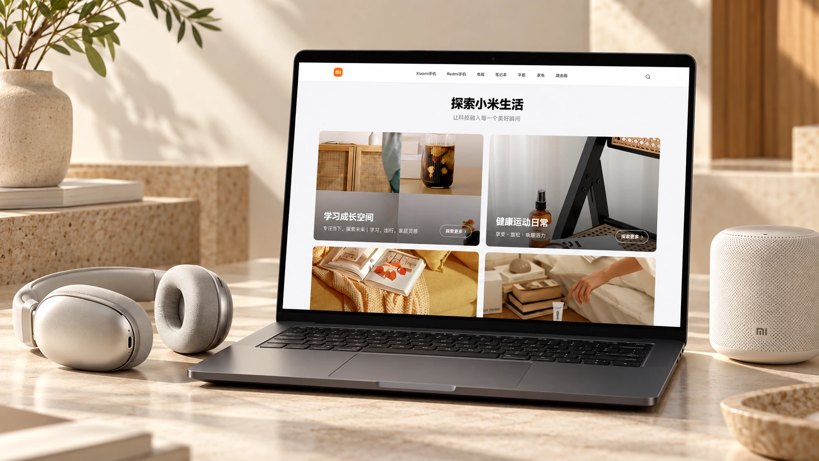 小米智能生活，暖白空间中的生活方式界面展示